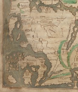 Cotton Tiberius B.V ، الجزء 1 ، f.56v خريطة Tiberius ، Mappa Mundi ، تفاصيل أوروبا الغربية والجزر البريطانية (رق) بواسطة مدرسة اللغة الإنجليزية