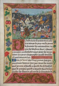 Cotton Vespasian A xvii، f.13v ، ملك إنجلترا امتطى حصانًا أبيض ، مطاردًا ملك فرنسا الهارب ، من كتاب روبرت دي بالساك دليل الحرب لتعليم الأمير ، حوالي عام 1490 (ورق) بواسطة مدرسة اللغة الإنجليزية