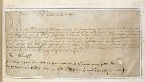 Cotton Vespasian MS F III f.19 أول رسالة متبقية من ريتشارد إلى السير جون ساي بواسطة مدرسة اللغة الإنجليزية