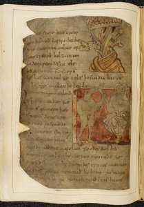 Cotton Vitellius A. XV f.103v، شجرة ينمو منها البلسم؛ دونستر ، رجل برأس وحش ، على اليسار ممسكًا برجل ورجل بشري ، وشخص على اليمين ، رسم توضيحي من بيوولف ، من "مخطوطة نويل" (حبر على ورق) بواسطة مدرسة اللغة الإنجليزية