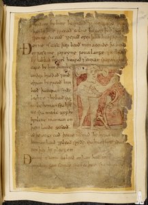 Cotton Vitellius A. XV f.104r، A panotii ، أي رجل ذو أذنان بارزة على السيقان ، يحمل شيئًا يشبه القوس ، رسم توضيحي من بياولف ، من "مخطوطة Nowell" (حبر على ورق) بواسطة مدرسة اللغة الإنجليزية
