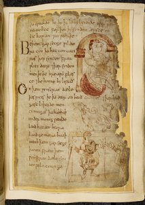 Cotton Vitellius A. XV f.106r ، رجل يجلس على وسادة تحت قوس ؛ اثنان من القطط ، وحوش مفتوحة الفم مثل الكلاب ؛ رجل يرتدي ثوبًا مع عصا ، يمد يده إلى رجل آخر ، رسم توضيحي من بياولف ، من "مخطوطة نويل" (حبر على ورق) بواسطة مدرسة اللغة الإنجليزية