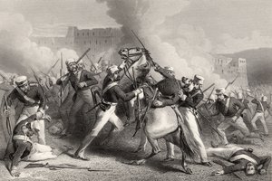 وفاة العميد أدريان هوب في الهجوم على حصن رودمو ، 15 أبريل 1858 ، من "تاريخ التمرد الهندي" المنشور عام 1858 بواسطة مدرسة اللغة الإنجليزية