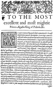 التفاني لملك بولندا Sigismund II Augustus I في المستشار ، أول ترجمة إنجليزية Wawrzyniec Grzyma؟ a Go؟ lickis De opto senatore ، 1598 (طباعة) بواسطة مدرسة اللغة الإنجليزية