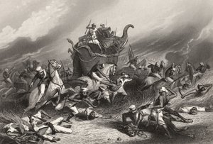 هزيمة جيش Peishwas قبل Jhansi من قبل الجنرال روز في 1 أبريل 1858 ، من `` تاريخ التمرد الهندي &39;&39; المنشور في عام 1858 بواسطة مدرسة اللغة الإنجليزية