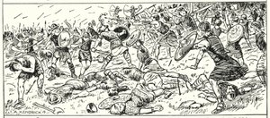 Defeat of the West Saxons at Mount Budon, Somerset, AD 500 (lithograph) بواسطة مدرسة اللغة الإنجليزية