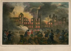تدمير نيران مجلسي البرلمان بالنيران في 16 أكتوبر 1834 ، كما يُرى من مصلى هنري الثامن بواسطة مدرسة اللغة الإنجليزية