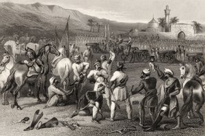 نزع سلاح الفرسان غير النظاميين الحادي عشر في بيرهامبور عام 1857 ، من "تاريخ التمرد الهندي" المنشور عام 1858 بواسطة مدرسة اللغة الإنجليزية