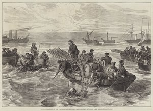 عمليات الغوص في حطام الطليعة ، مُرسومة من على متن السفينة HMS Amelia Despatch-Boat (نقش) بواسطة مدرسة اللغة الإنجليزية