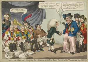 دكتور Boney_bringing the Powers to Pot ، أو John Bull وأصدقاؤه خجولون إلى حد ما. 1808 (نقش ملون يدوي) بواسطة مدرسة اللغة الإنجليزية