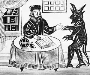 دكتور فاوست في الاستشارة مع الشيطان ، من ترجمة رجال للدكتور فاوست بقلم كريستوفر مارلو (1564-93) 1648 من مجموعة من الكتب المصغرة عن الباطنية بواسطة مدرسة اللغة الإنجليزية