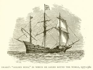 Drakes Golden Hind ، الذي أبحر فيه حول العالم ، 1577-1580 بواسطة مدرسة اللغة الإنجليزية