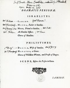 Dramatis Personae for Samson ، وهو Oratorio بواسطة Handel ، نشر في 1759 بواسطة مدرسة اللغة الإنجليزية