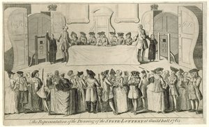 رسم يانصيب الدولة في غيلدهول عام 1763 بواسطة مدرسة اللغة الإنجليزية
