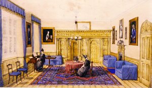 غرفة الرسم الداخلية لمنزل ريفي ، حوالي 1830 (ألوان مائية على ورق) بواسطة مدرسة اللغة الإنجليزية