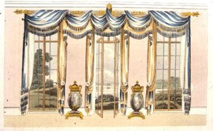ستائر نافذة غرفة الرسم ، اللوحة 109 من مستودع الفنون في أكرمان ، نُشرت عام 1820 (لون ليثو) بواسطة مدرسة اللغة الإنجليزية