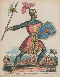 الممثل الإنجليزي توماس بوتر كوك بدور السير رولاند الثابت في الملك آرثر (نقش ملون) بواسطة مدرسة اللغة الإنجليزية