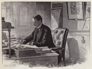 السياسي الإنجليزي جورج كرزون في العمل بمكتبه في مكتب الهند (ليثو) بواسطة مدرسة اللغة الإنجليزية