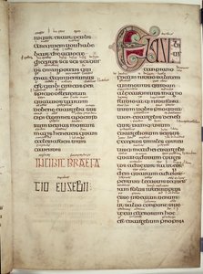 Epistle of Eusabius to Carpianus، from 'Lindisfarne Gospels'، 710-21 (vellum) رسالة بولس الرسول يوسابيوس إلى كاربيانوس ، من 'Lindisfarne الأناجيل' ، 710 - 21 بواسطة مدرسة اللغة الإنجليزية