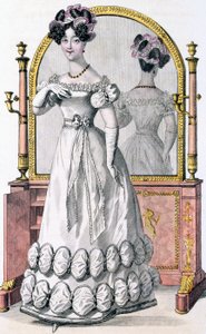 لوحة أزياء لسيدة ترتدي فستان سهرة ، إعلان من "Modes de Paris" ، حوالي عام 1825 (نقش ملون) (تفاصيل 100997) بواسطة مدرسة اللغة الإنجليزية