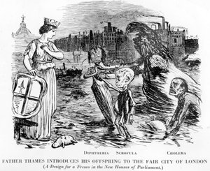 الأب التايمز يقدم نسله إلى Fair City of London ، والنسل هو Diptheria ، Scrofula والكوليرا. أكثر من مجاري مفتوحة من نهر ، ولاية التايمز المثيرة للاشمئزاز في لندن. بواسطة مدرسة اللغة الإنجليزية