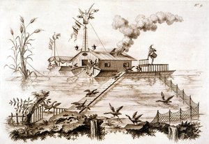 الصيد مع طائر الغاق باستخدام قارب مائي وحاوية مسيجة ، رسم توضيحي من "أطروحة لليابان والورنيش ..." لجورج باركر وجون ستوكر ، تم نشره عام 1688 (ليثو) بواسطة مدرسة اللغة الإنجليزية
