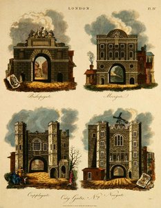 أربع بوابات للمدينة: Bishopsgate ، Moorgate ، Cripplegate و Newgate ، نقش بواسطة J. Pass ، pub. بواسطة جي جونز بواسطة مدرسة اللغة الإنجليزية