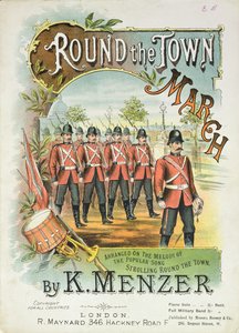 الغلاف الأمامي لموسيقى الموسيقي لـ Round the Town March ، من تأليف K. Menzer بواسطة مدرسة اللغة الإنجليزية