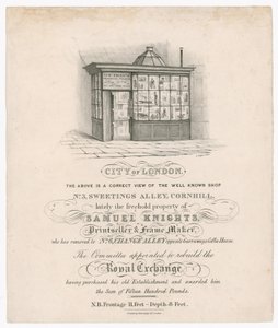أمام No 3 ، Sweetings Alley ، Cornhill ، ملكية خاصة لـ Samuel Knights ، المطبوعات وصانع الإطار بواسطة مدرسة اللغة الإنجليزية