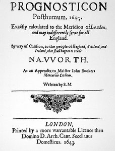 الصفحة الأولى من Prognosticon ، نُشرت عام 1643 بواسطة مدرسة اللغة الإنجليزية
