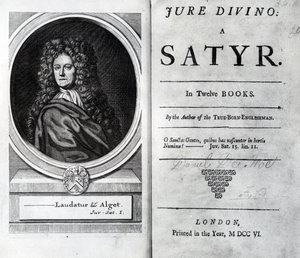 واجهة الصفحة وصفحة العنوان لـ Jure Divino: A Satyr بواسطة Daniel Defoe ، تم نشره عام 1706 بواسطة مدرسة اللغة الإنجليزية