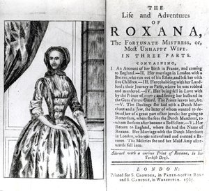 الصفحة الأمامية وصفحة العنوان لـ The Life and Adventures of Roxana by Daniel Defoe ، نُشر عام 1765 بواسطة مدرسة اللغة الإنجليزية