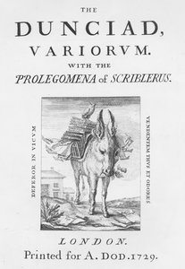 الصفحة الأمامية وصفحة العنوان إلى The Dunciad Variorum بواسطة ألكسندر بوب ، 1729 بواسطة مدرسة اللغة الإنجليزية