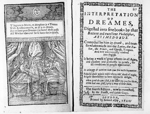 واجهة الصفحة وصفحة عنوان تفسير الأحلام بواسطة Artemidorus ، الطبعة الإنجليزية المنشورة في 1644 بواسطة مدرسة اللغة الإنجليزية