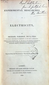 نُشرت في واجهة الأبحاث التجريبية في الكهرباء بقلم مايكل فاراداي (1791-1867) عام 1839 بواسطة مدرسة اللغة الإنجليزية