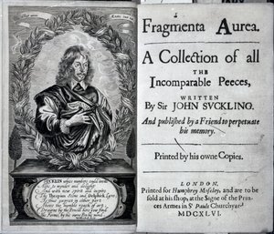 صورة لواجهة من Fragmenta Aurea ، مجموعة من كل قطع لا تضاهى كتبها السير جون سوكلينج ، نُشر عام 1646 بواسطة مدرسة اللغة الإنجليزية