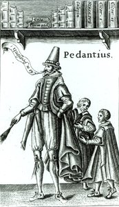 صورة من فيلم "Pedantius" ، كوميديا من إنتاج إدوارد فورسيت أنتجت في كامبريدج عام 1581 (نقش خشبي) بواسطة مدرسة اللغة الإنجليزية
