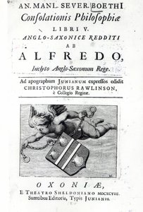 صورة من الواجهة الأمامية إلى ترجمة كريستوفر رولينسون لألفريد الطبعة الأكبر من Boethius Consolation of Philosophy ، 1698 (طباعة) بواسطة مدرسة اللغة الإنجليزية