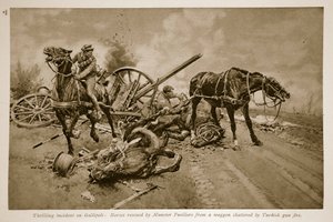 غاليبولي: الخيول التي أنقذها مونستر فيسيليرز من عربة مدمرة بنيران الأسلحة التركية ، 1914-1919 بواسطة مدرسة اللغة الإنجليزية