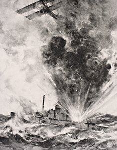 قصفت غواصة ألمانية وأغرقت في 26 أغسطس 1915 ، من ألبوم The War Illustrated Album deLuxe المنشور في لندن عام 1916 (ليثو) بواسطة مدرسة اللغة الإنجليزية