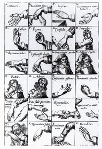 إيماءات للتقليد من John Bulwers Chrilogia Naturall Language of Hand ، 1644 بواسطة مدرسة اللغة الإنجليزية