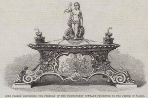 النعش الذهبي الذي يحتوي على شركة Freedom of the Fishmongers 'المقدمة إلى أمير ويلز (نقش) بواسطة مدرسة اللغة الإنجليزية