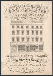 Grand Coffee and Continental Coffee House ، 66 و 67 Cornhill ، بطاقة تجارية بواسطة مدرسة اللغة الإنجليزية