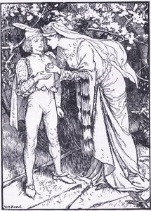 ترسل Guenevere صفحتها إلى Lancelot للحصول على المساعدة ، رسم توضيحي من "The Book of Romance" الذي نشرته Longmans Green and Co بواسطة مدرسة اللغة الإنجليزية