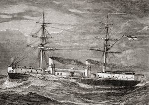 HMS Inflexible ، الطبقة التي لا تقهر Battlecruiser التابعة للبحرية الملكية البريطانية ، صورة توضيحية من &39;Our Own Magazine&39; ، نشرتها بعثة الخدمة الخاصة للأطفال ، 1885 بواسطة مدرسة اللغة الإنجليزية