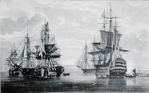 سفن HMS 'Agamemnon' و 'Captain' و 'Vanguard' و 'Elephant' و 'Victory' (نقش) بواسطة مدرسة اللغة الإنجليزية
