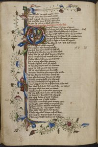 Harley 1758، f.56v Bar border and الأولي "O" (hatefull) من بداية Man of Law