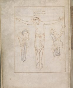 هارلي 2904 ، f.3v ، صلب ؛ مع العذراء ، وكتب القديس يوحنا شهادته على لفافة ، من سفر رامزي ، حوالي 900-1000 (ورق) بواسطة مدرسة اللغة الإنجليزية