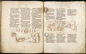 Harley 603 ff.56v-57 ، صفحة مزدوجة انتشار من Harley Psalter مع رسومات بالقلم. بواسطة مدرسة اللغة الإنجليزية