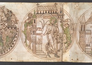 Harley Roll Y 6، Roundel 9، Roundel of St Guthlac (المسمى "Guthlacus") يجلد الشياطين الوحشية الذين اقتحموا منزله [أم] ". من "حياة جوثلاك" ( بواسطة مدرسة اللغة الإنجليزية